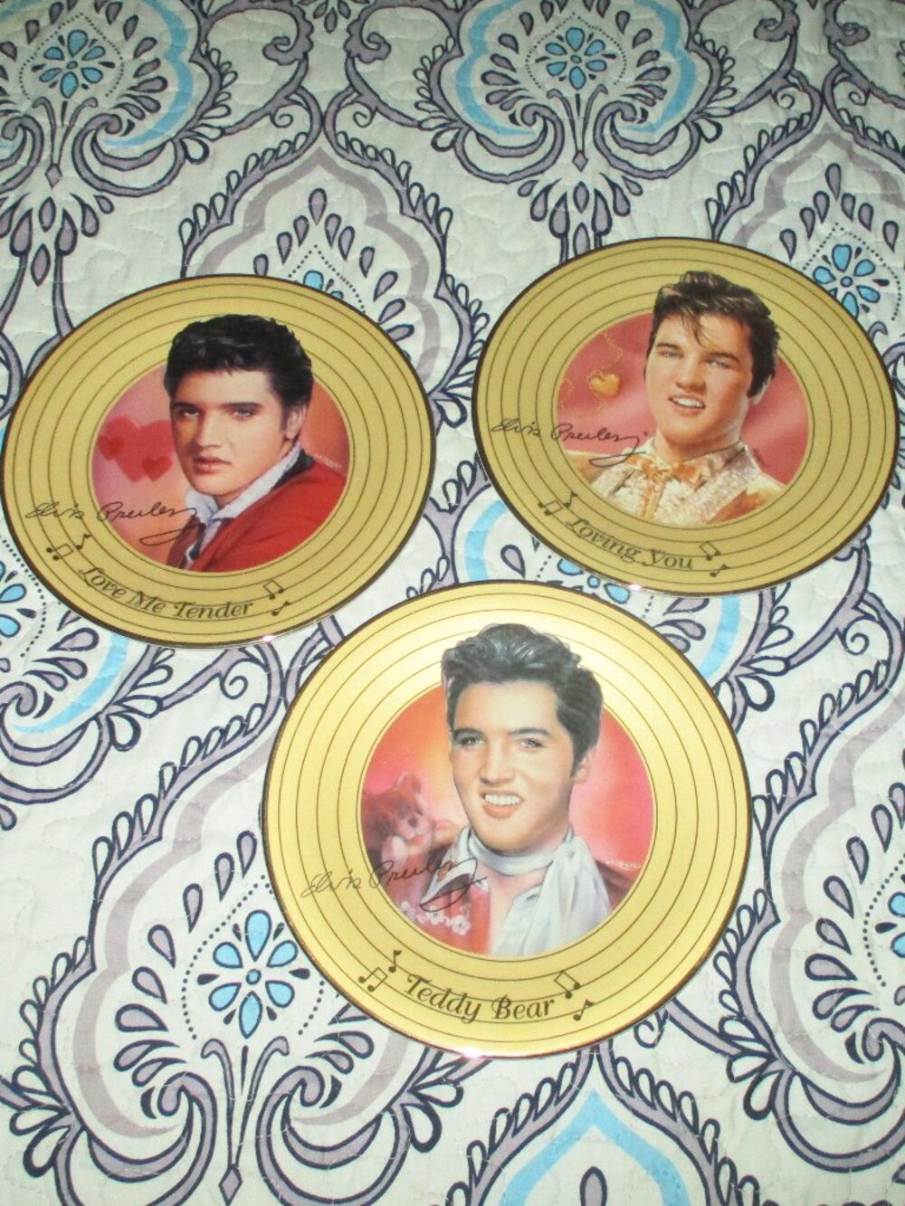 3 Gold ELVIS Plates - Love Me Tender - Teddy Bear - Loving You